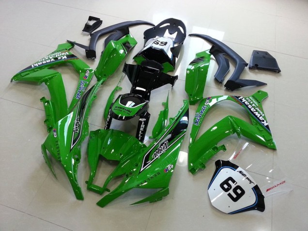 2011-2015 Kawasaki ZX10R Motorcycle Fairings - Green Glossy Black Elf Henleys Vent-Axia 69 UK