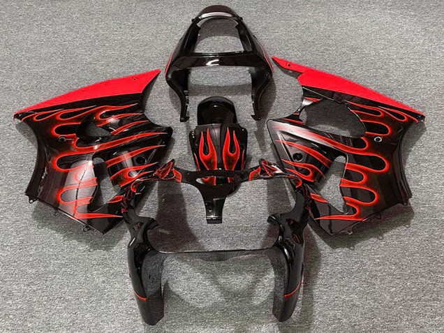 2000-2002 Kawasaki ZX6R Motorcycle Fairings - Glossy Black Red Flame UK