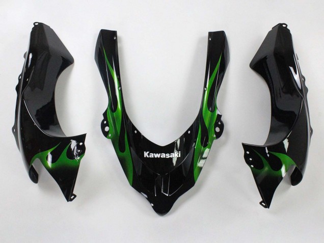 2004-2005 Kawasaki ZX10R Motorcycle Fairings - Black with Green Flame Ninja UK