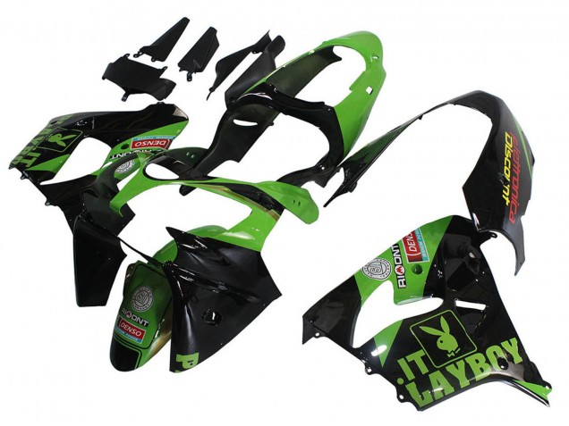 2000-2001 Kawasaki ZX9R Motorcycle Fairings - Green Black Playboy DENSO UK