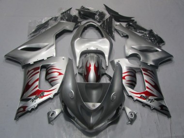 Silver Red Flame Ninja 2005-2006 ZX6R Motorcycle Fairings