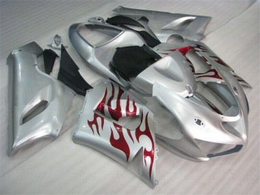 Silver Red Flames 2005-2006 ZX6R Motorcycle Fairings